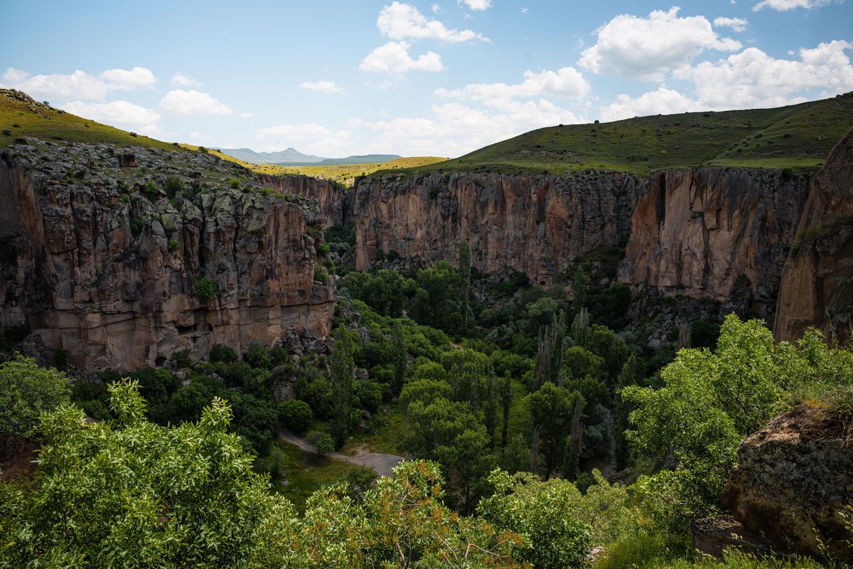 The Ihlara Valley in Cappadocia, a green river gorge between sheer rock cliffs, seen from the rim in spring